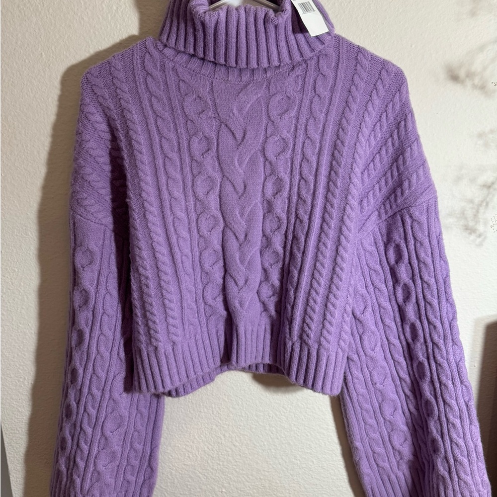 WAYF Purple Cable Knit Turtleneck Sweater